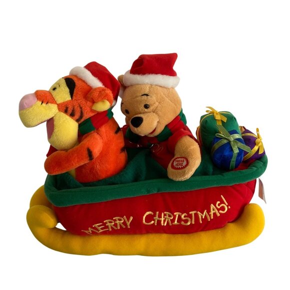 Vintage Animated Disney Plush Winnie the Pooh Tigger Christmas Sled Jingle Bells - Picture 1 of 8